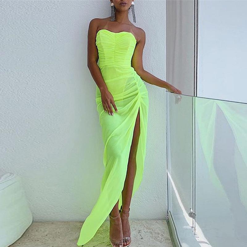 Neon pleated split elegant long dress Women drape A-line high