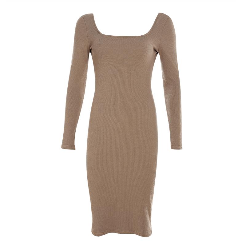 Khaki elegant backless knitted long dress Women long sleeve