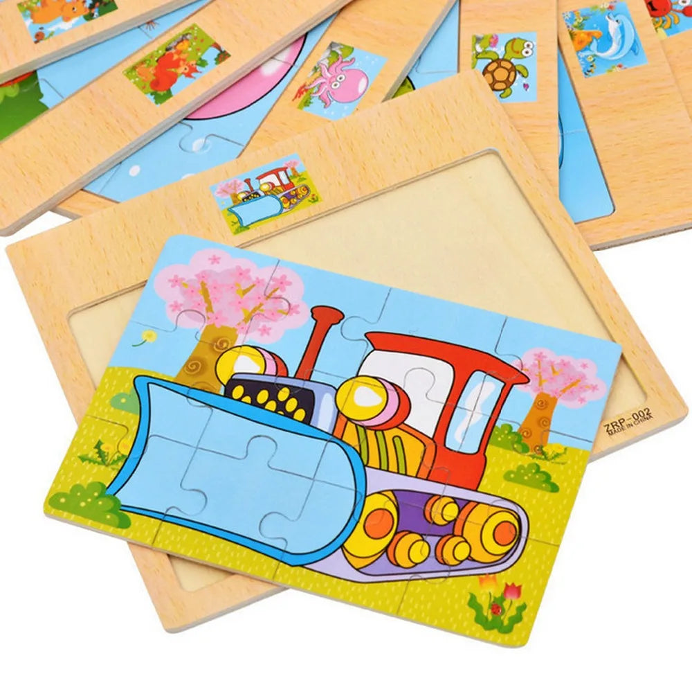 Hot Sale 12/9 PCS Puzzles Wooden Kids Baby Wood Cartoon Vehicle