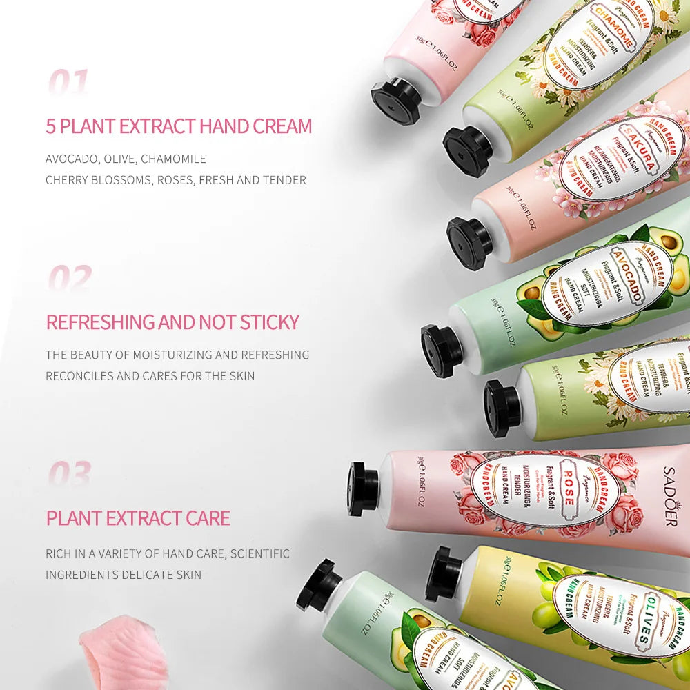 5Pcs/set SADOER Fruit Plant Fragrance Hand Cream Sets Moisturizing