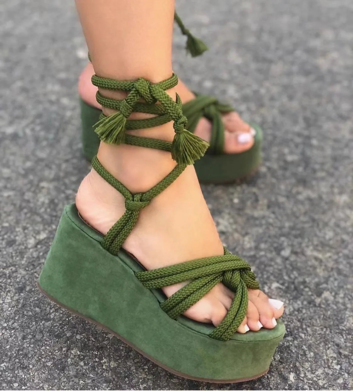 Platform Wedge Strappy Sandals Women Fashion Round Toe Cross Tied