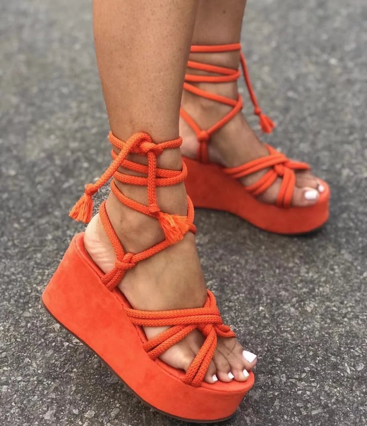 Platform Wedge Strappy Sandals Women Fashion Round Toe Cross Tied