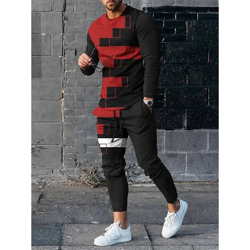 Autumn Splicing Color 3D Print Men's Sportswear Set Long-Sleeved T