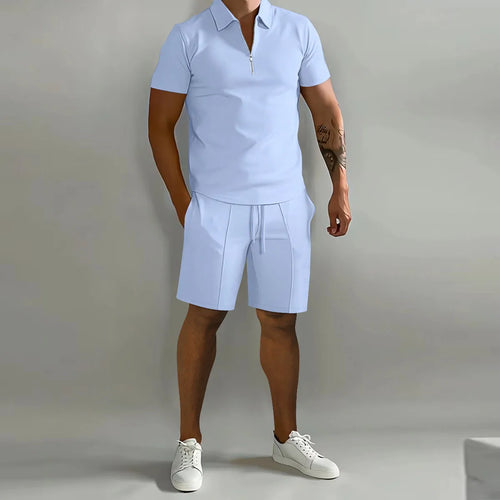 Men's suit solid color polo shirt lapel vertical strip pants short