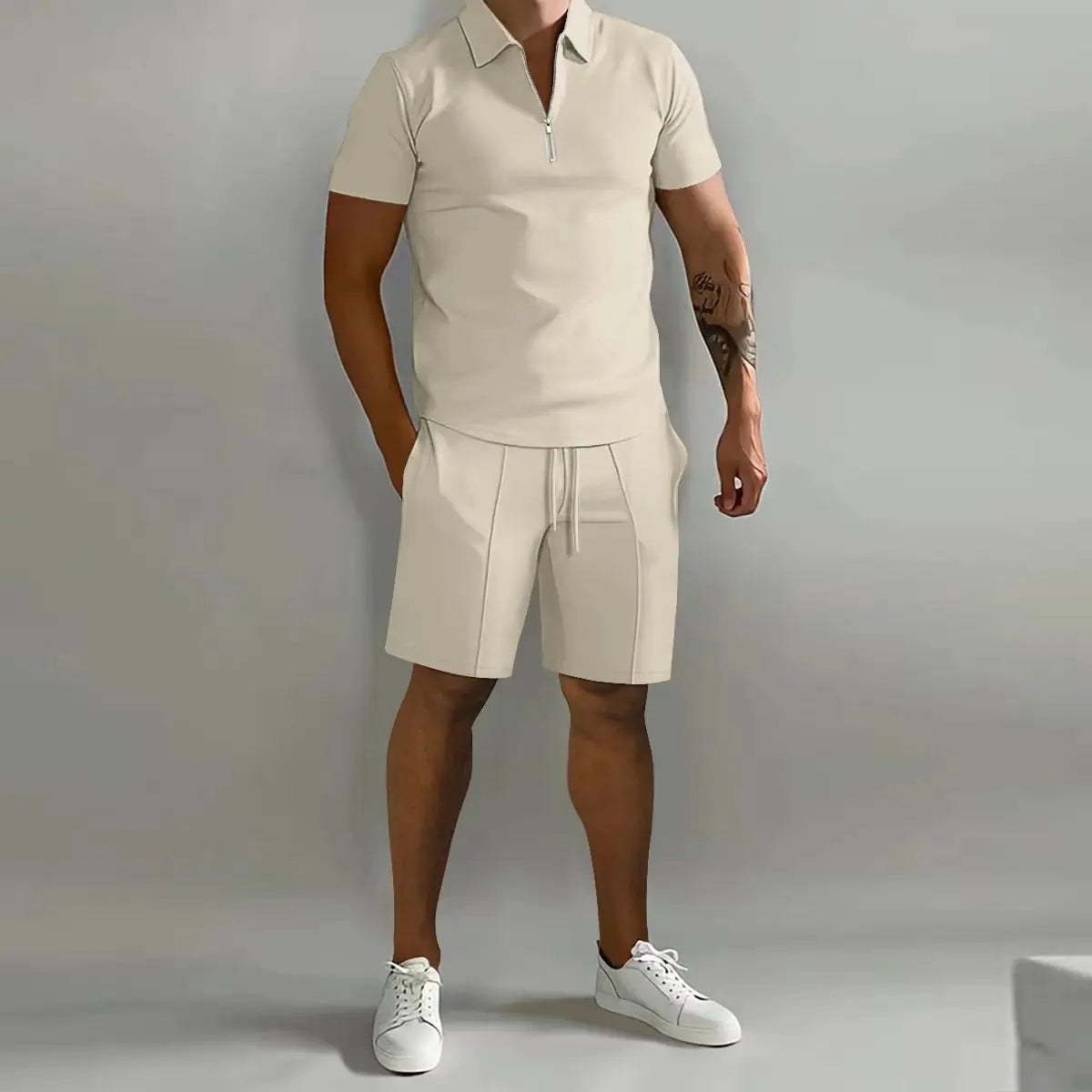 Men's suit solid color polo shirt lapel vertical strip pants short