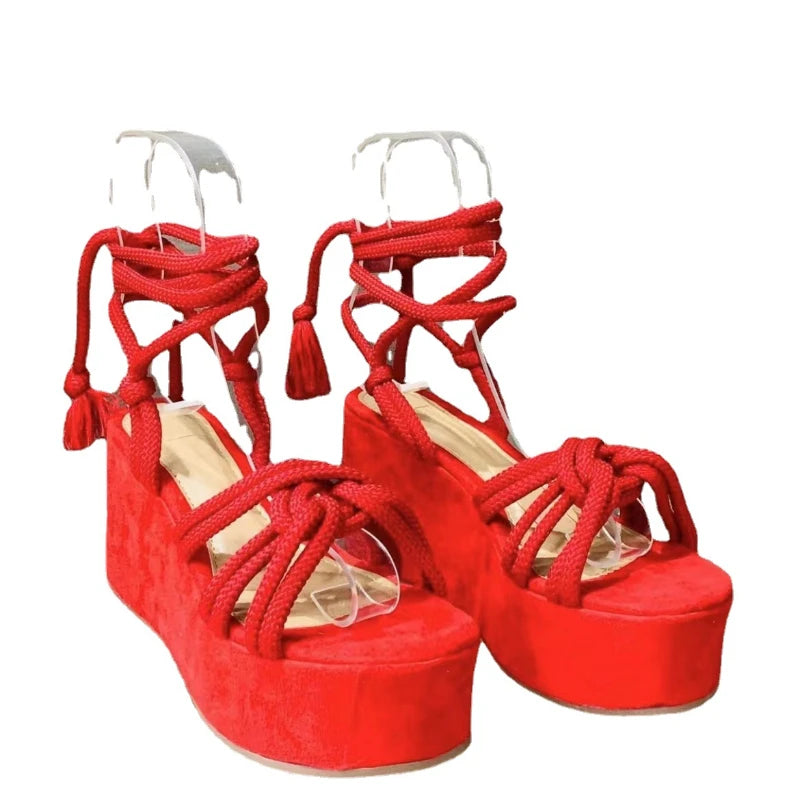 Platform Wedge Strappy Sandals Women Fashion Round Toe Cross Tied