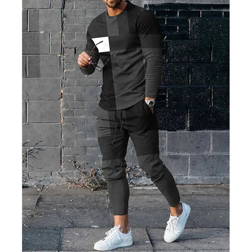 Autumn Splicing Color 3D Print Men's Sportswear Set Long-Sleeved T