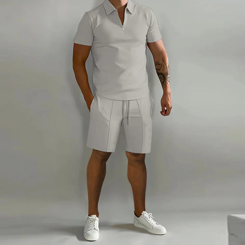 Men's suit solid color polo shirt lapel vertical strip pants short