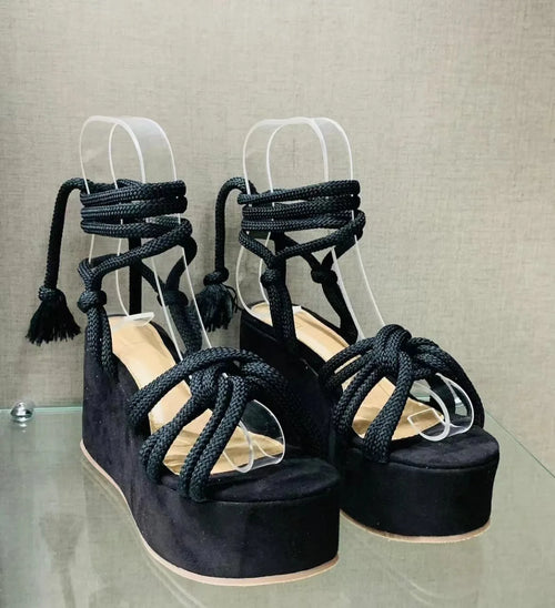 Platform Wedge Strappy Sandals Women Fashion Round Toe Cross Tied