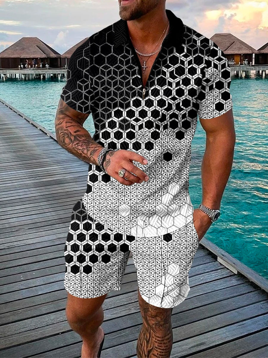 New Abstract 3D Print Polo Shirts Shorts Sets Men's Fashion Tracksuits