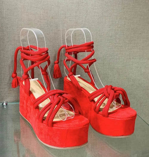 Platform Wedge Strappy Sandals Women Fashion Round Toe Cross Tied