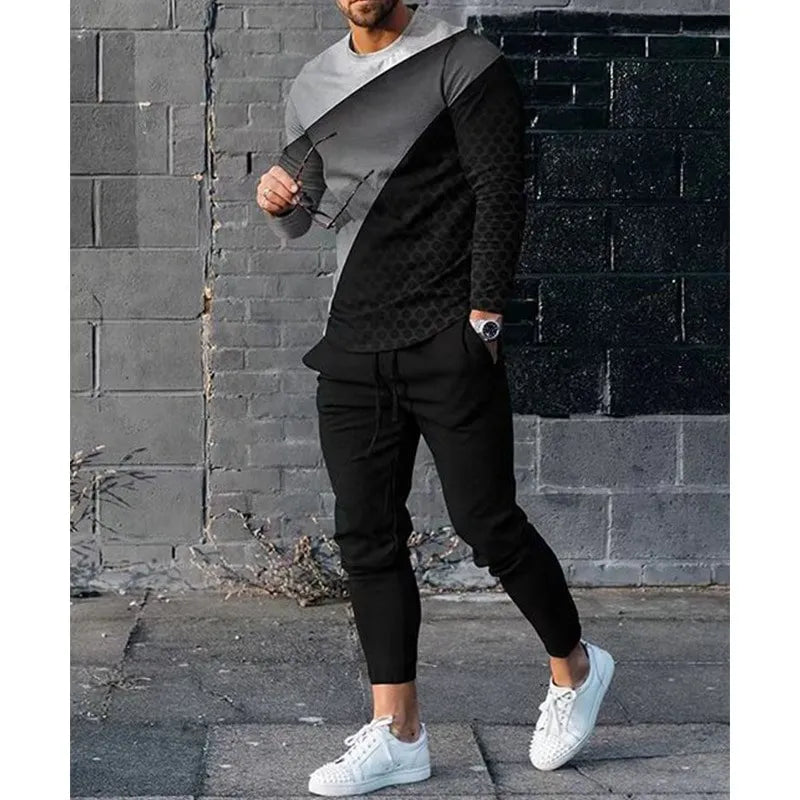 Autumn Splicing Color 3D Print Men's Sportswear Set Long-Sleeved T