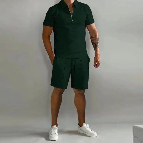 Men's suit solid color polo shirt lapel vertical strip pants short