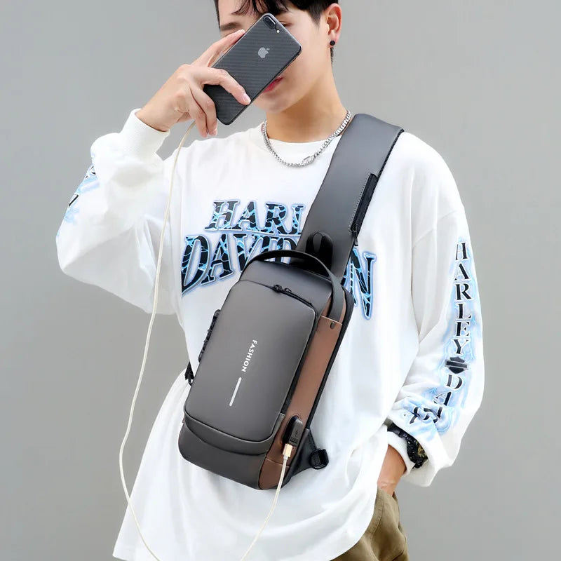 Newest Men Anti Theft Chest Bag Shoulder USB Charging Crossbody