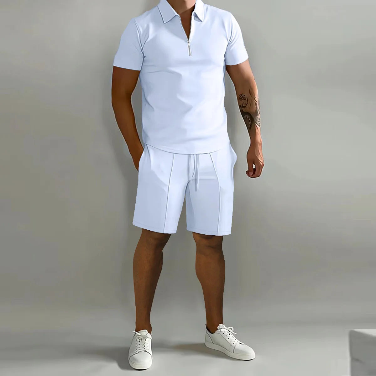 Men's suit solid color polo shirt lapel vertical strip pants short