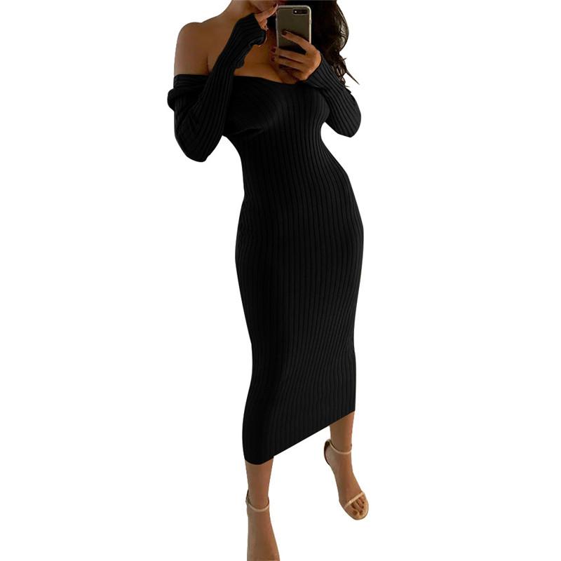 2019 Winter Knitted Sweater Dress Women Off Shoulder Midi Sexy Bodycon