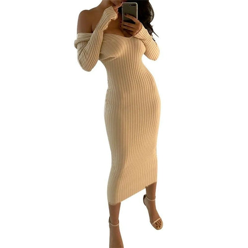 2019 Winter Knitted Sweater Dress Women Off Shoulder Midi Sexy Bodycon