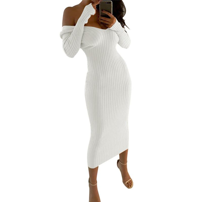 2019 Winter Knitted Sweater Dress Women Off Shoulder Midi Sexy Bodycon