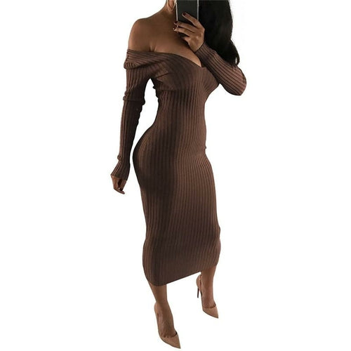 2019 Winter Knitted Sweater Dress Women Off Shoulder Midi Sexy Bodycon