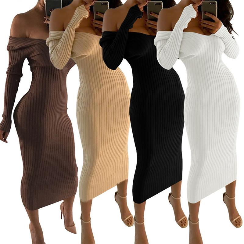 2019 Winter Knitted Sweater Dress Women Off Shoulder Midi Sexy Bodycon