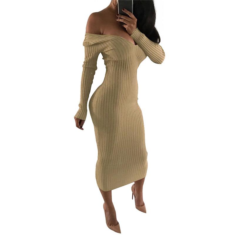 2019 Winter Knitted Sweater Dress Women Off Shoulder Midi Sexy Bodycon