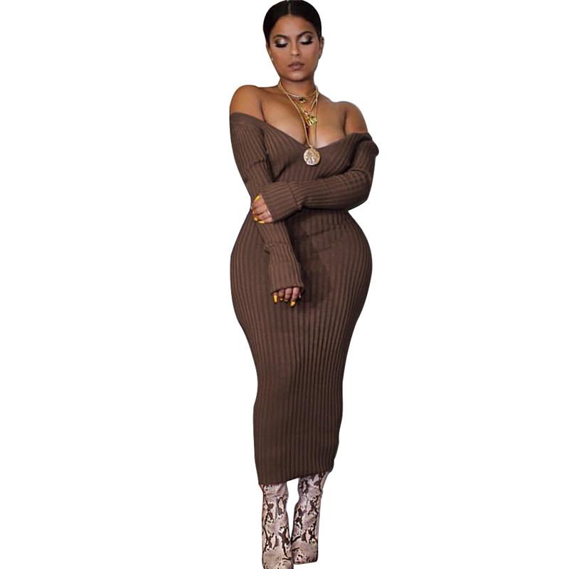 2019 Winter Knitted Sweater Dress Women Off Shoulder Midi Sexy Bodycon